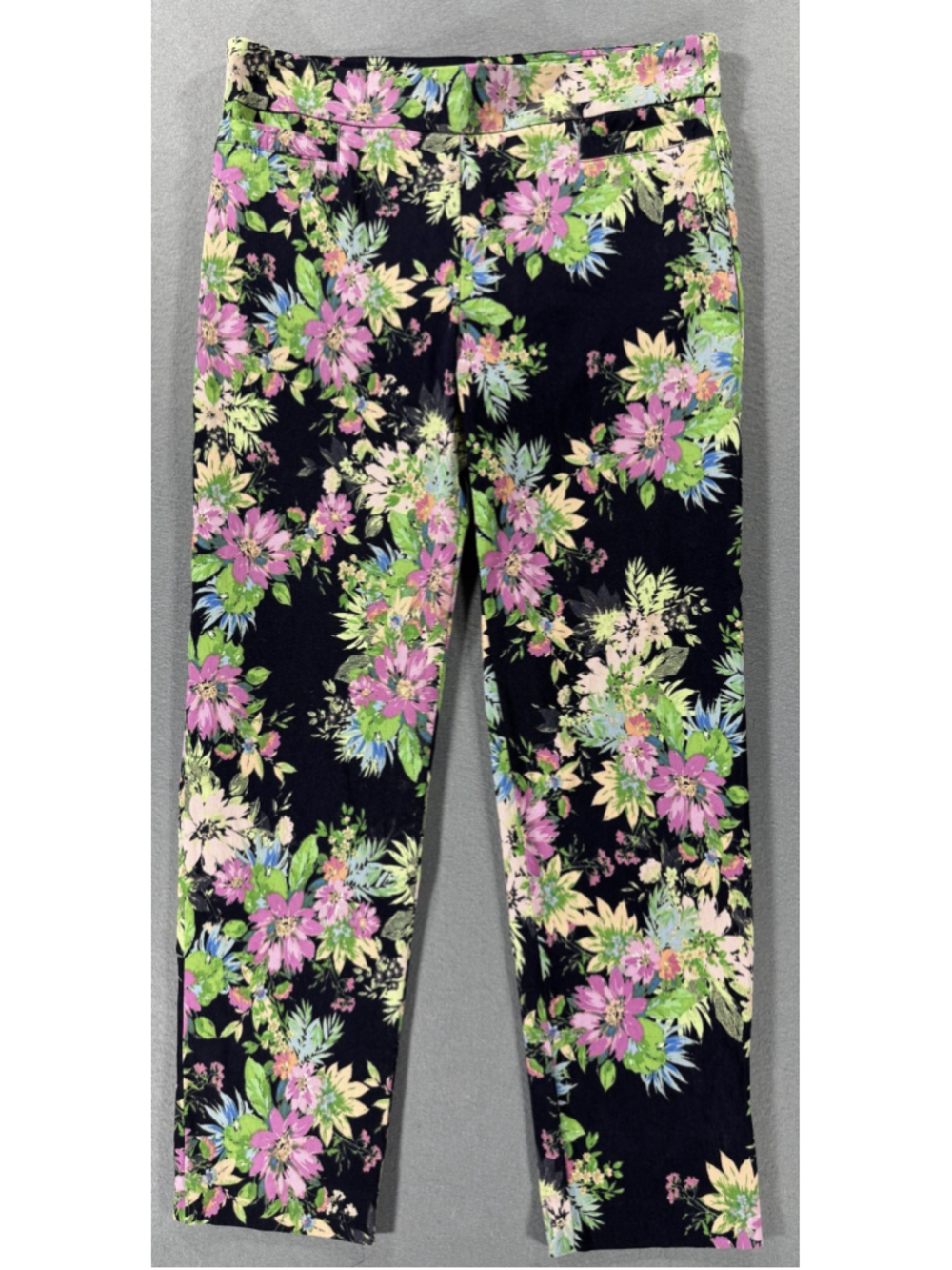 New Directions Floral Pull On Ankle Pants Womens Size 8 Black Pink Green Stretch